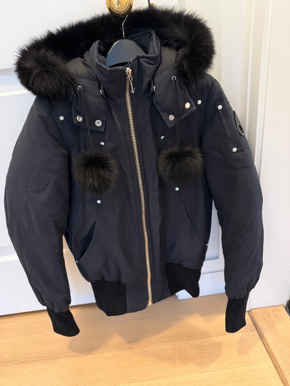 Moose knuckles women's black bomber jacket size S fur trim hood, debbie style